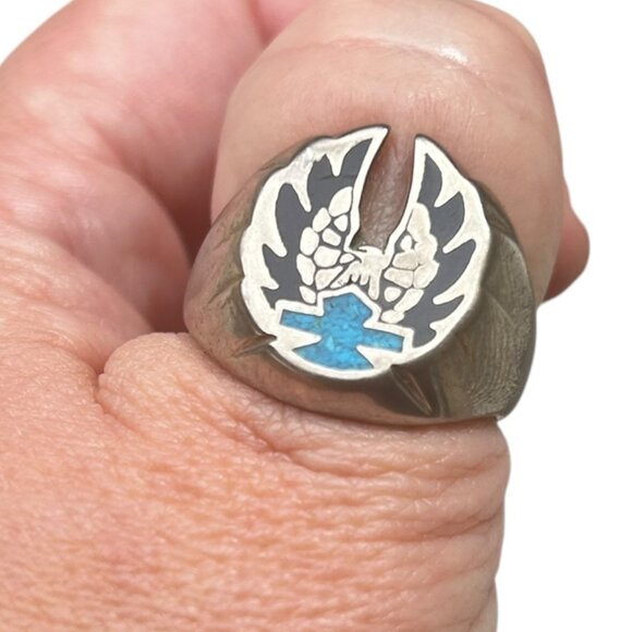 Silver Tone HD Biker Ring | Eagle & Turquoise Shield Double Ring Sz 11.5/12 Mens - Picture 5 of 7